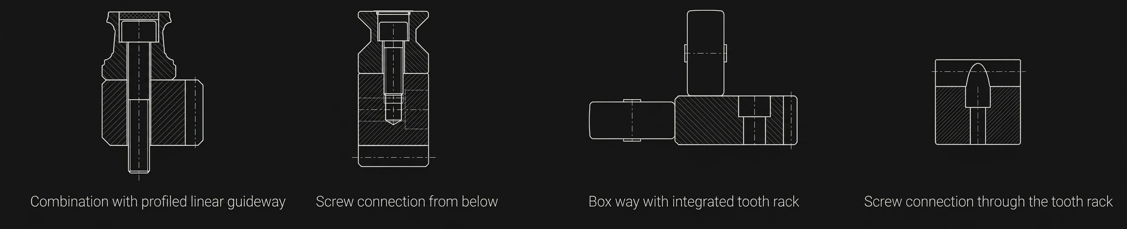 齿排特殊版本 — 与滚柱导轨组合、底部螺丝、Box Way 内建齿排、螺丝穿过齿排
