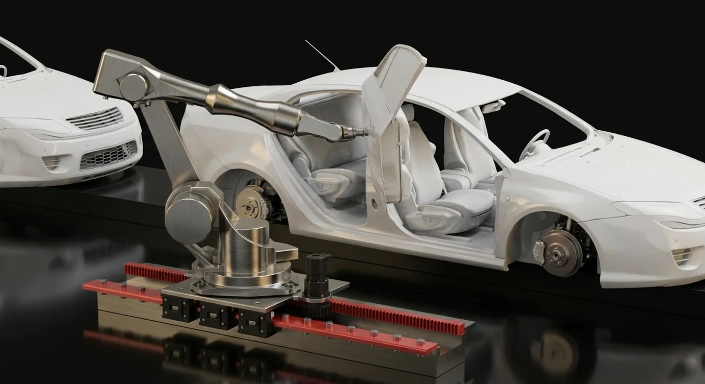 汽车产线机器人移行轴，搭载 Schneeberger 扁轨与齿排