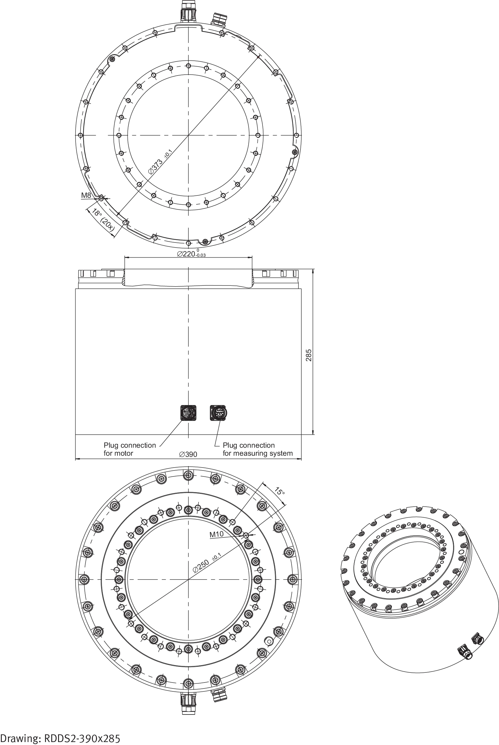 RDDS2-390×285 尺寸圖：含頂視圖、側視圖、底視圖及透視圖，標示馬達插頭連接（Plug connection for motor）與量測系統插頭連接（Plug connection for measuring system）位置，以及主要尺寸 390、285、220、250、373 mm，螺紋規格 M8（18°，20×）與 M10（15°），公差 0.1 / 0 / −0.03