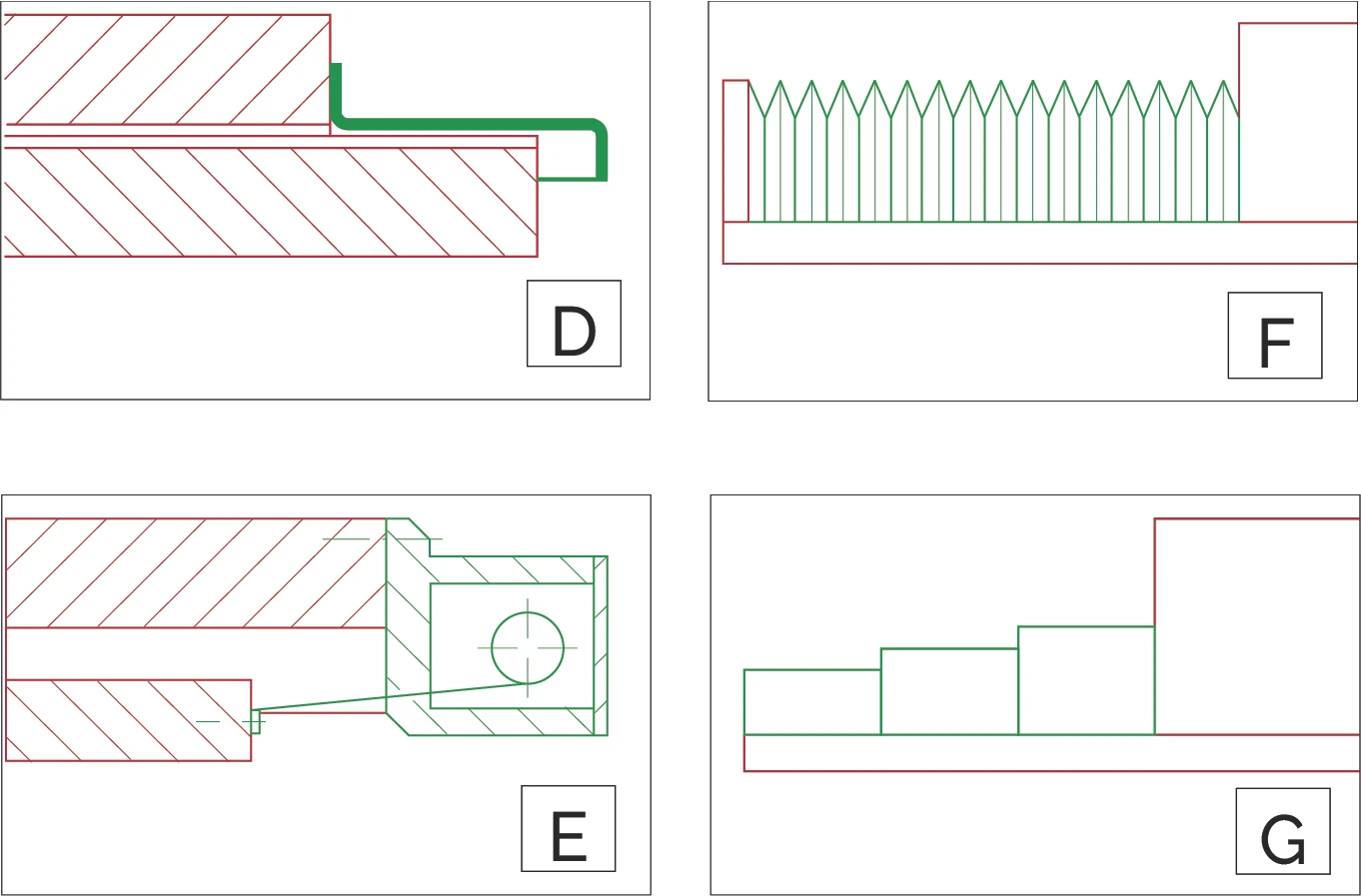 D, E, F, G - 簡單金屬護蓋、捲簾式護蓋、波紋管、伸縮式護蓋