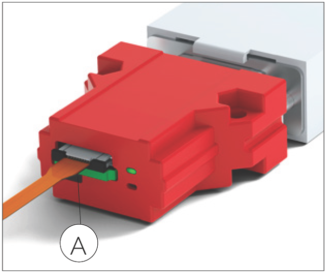 帶外殼的介面模組，標示校準按鈕 A 的位置（位於柔性排線連接處旁）