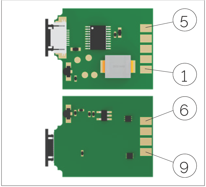 介面模組焊接端子板正反面，標示 Pin 1、5、6、9
