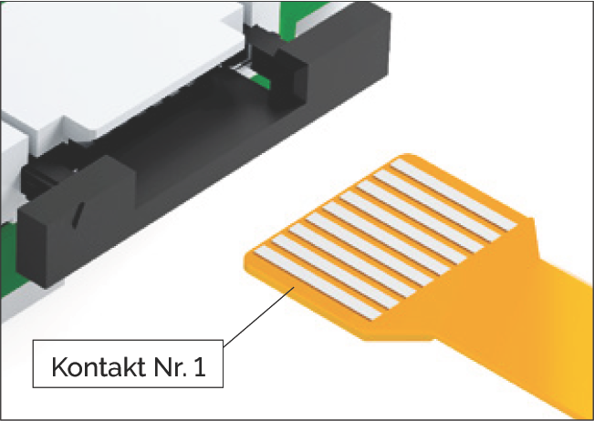 柔性感測排線與介面模組的腳位連接，標示接觸點 Nr. 1 的位置