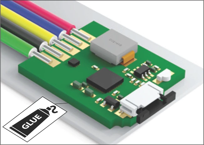 纜線直接焊接到介面模組，以矽膠黏合劑固定