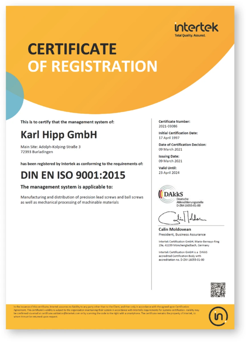 Karl Hipp GmbH DIN EN ISO 9001:2015 認證證書（Intertek 頒發）